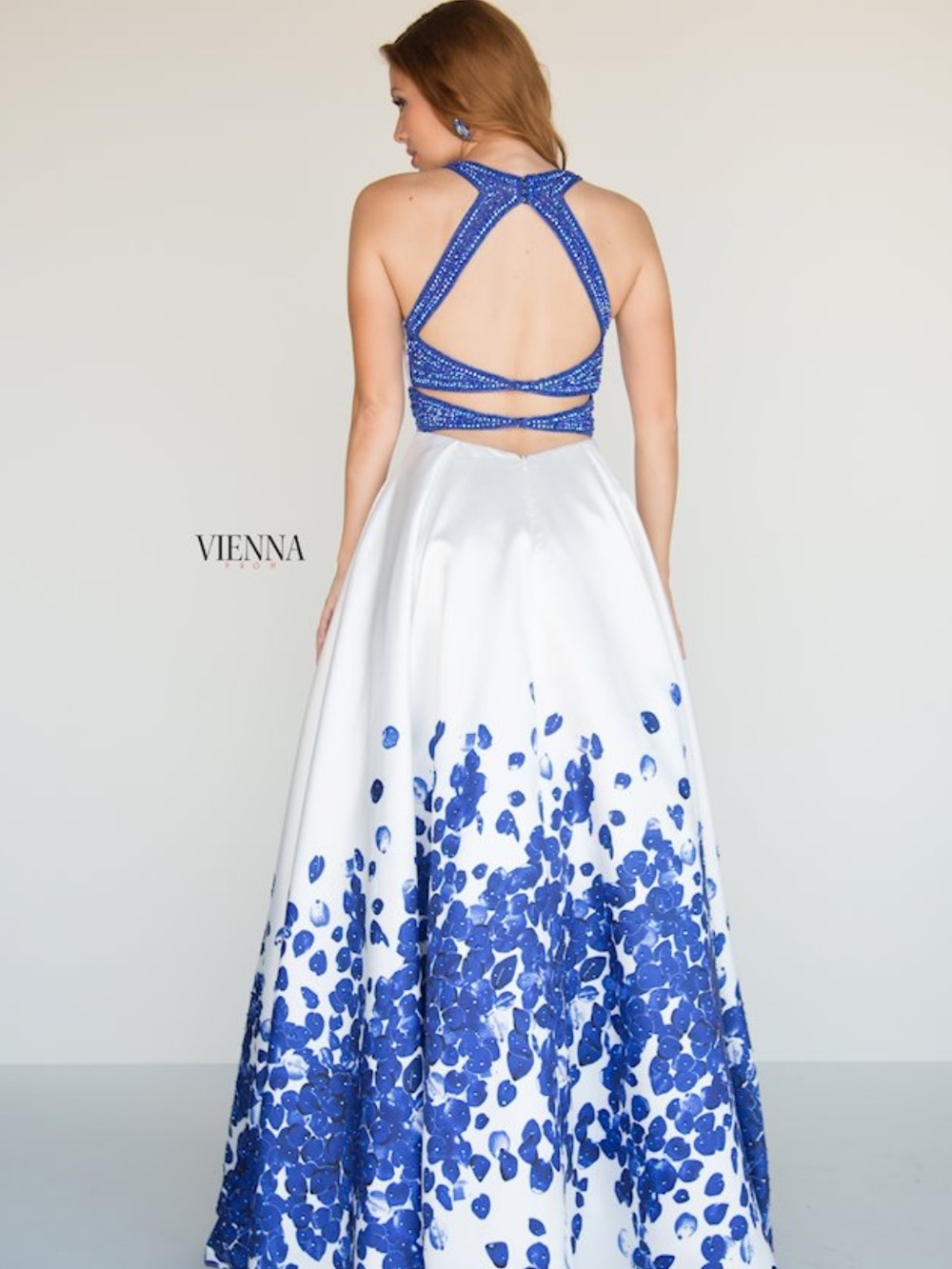 Vienna Prom 7811 White and Royal Blue Open-Back Ball Gown